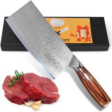 Ніж кухарський Дамаск Шарф: професійний ніж для м'яса з дамаської сталі, ручна робота, з антиковзним дерев'яним руків'ям, у подарунковій коробці