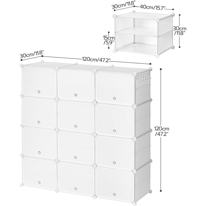 HOOBRO 8-Tier Shoe Rack, Shoe Cabinet, for 32 Pairs of Shoes, 40 x 30 x 30 cm per compartment, narrow, with doors, plastic, for living room, bedroom, hallway, entrance, White EWT28SC01G1 (12 compartments, 120 x 30 x 120 cm), White)