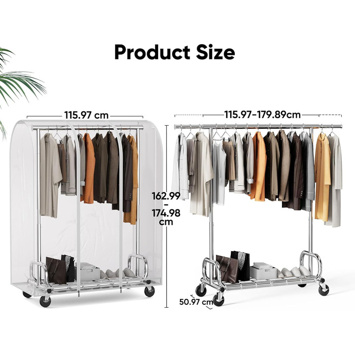 Вішалка для одягу HOKEEPER на коліщатках, вантажопідйомність 204 кг, висувна штанга для одягу