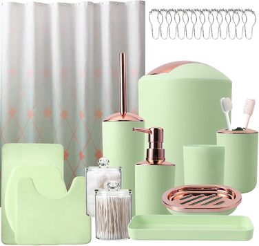 9-Piece Bathroom Accessory Set – Trash Can, Soap Dispenser Set, Soap Dish, Toilet Brush with Holder, Toothbrush Holder, Cup, Tray, Cotton Swab Holder, (Green Bathroom Set + Shower Curtain + Rugs)