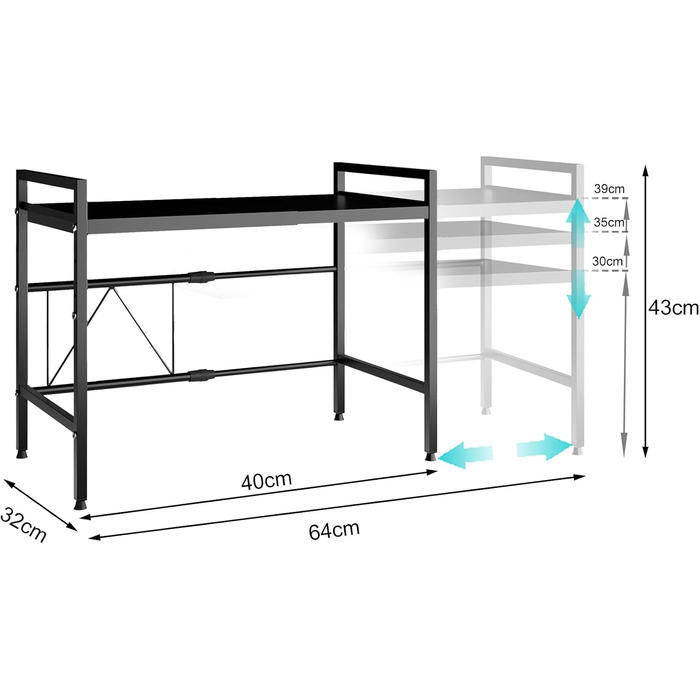 Регульована підставка для мікрохвильової печі, 2-рівнева, розширювана, з вуглецевої сталі, з 8 гачками, для кухні