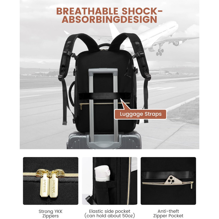 Рюкзак LOVEVOOK для ручної поклажі в літак, 40L, водонепроникний, з відділенням для взуття, для ноутбука 17.3 дюймів, чорний