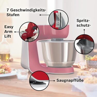Кухонний комбайн Bosch MUM58720 Серія 4, 1000 Вт, 3,9 л, міксер 1,25 л, планетарне змішування, насадки для тіста і збивання, шинкувальна насадка, нержавіюча сталь, темно-червоний/сріблястий