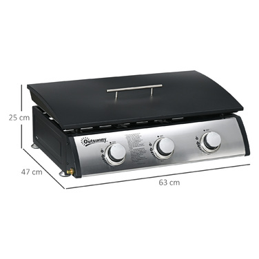 Газовий гриль Outsunny, гриль для столу BBQ з 3 пальниками, газовий гриль зі шлангом, кришкою, гриль для кемпінгу для саду, нержавіюча сталь, метал, чорний, 63 x 47 x 25 см | Aosom