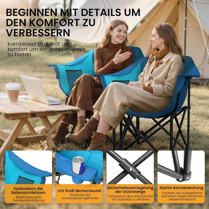 Кемпінговий стілець складаний посилений (200 кг) з подушкою 6 см - для риболовлі, кемпінгу, саду, фестивалів. Зручний стілець з бічними кишенями та сумкою для транспортування (Синьо-блакитний, M)
