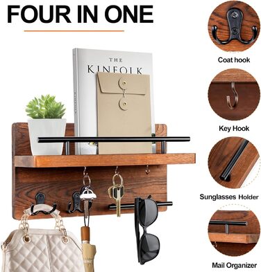 Настінна вішалка для ключів на 5 гачків, дерев'яна дошка для ключів з полицею, настінний органайзер для ключів, рустикальна вішалка для ключів, органайзер для ключів, декор для дому (колір: коричневий)