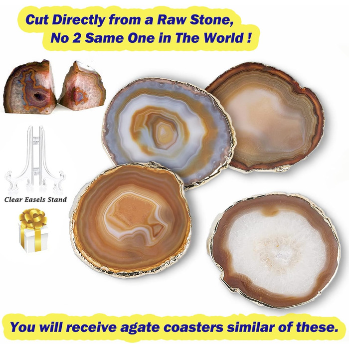 Yougoals Coasters, Geode Coasters for Drinks, Gemstone, Natural Stone, Agate Slices, Coasters, Cup Mat for Home Decoration (4 Pieces) (Natural Coffee, 4 Pieces)