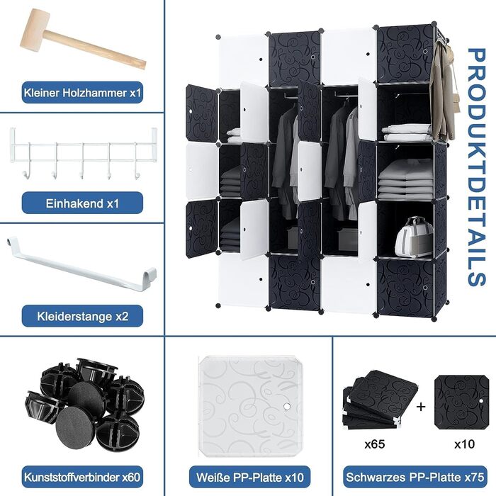 HENGMEI DIY Closet Wardrobe Storage Rack Shelf System 12-Cube Organization System Shoe Rack Closet with Door (Black) (20 Boxes)