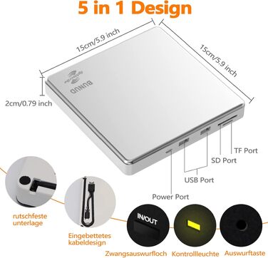 Зовнішній DVD-накопичувач BUNUD Lightscribe для Mac та Windows: USB 3.0 Type-C, DVD-записувач з картридером SD/TF та 2 USB-портами для MacBook, iMac, ноутбуків та PC
