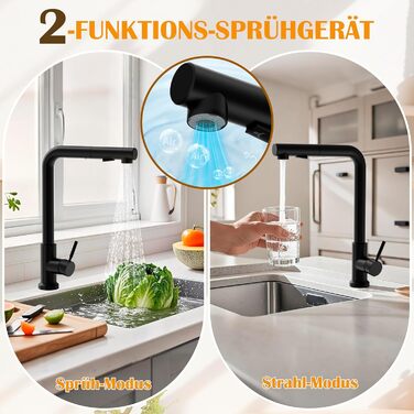 Змішувач кухонний водяний чорний, висувний з душем, 360° поворотний, 2 режими розпилення, для кухні, нержавіюча сталь
