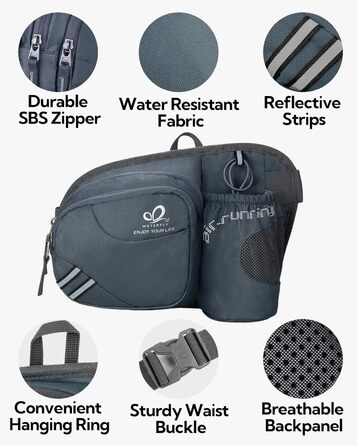 Спортивна поясна сумка Waterfly з тримачем для пляшки, сіра. Для бігу, велоспорту, кемпінгу, подорожей та інших активностей.