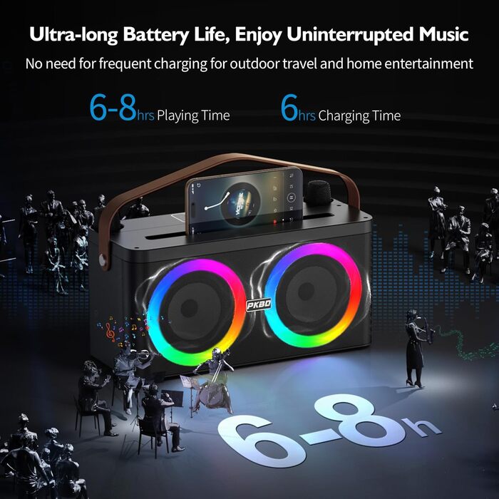 Караоке-система PKBD з Bluetooth, 2 мікрофонами та LED-підсвіткою для дому та вулиці