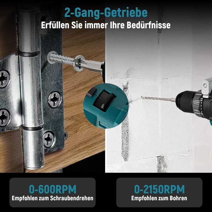 Yofidra Акумуляторний шуруповерт 21V, 13 мм, 2 швидкості, комплект з 2 акумуляторами 3.0Ah, 25+3 рівня моменту, 80 Нм, LED-підсвічування, для дому та саду, DIY