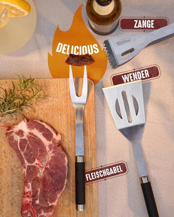 HORUS 23 Набір аксесуарів для гриля – 4 предметний набір: щипці, лопатка, виделка та термостійкий рукавичка