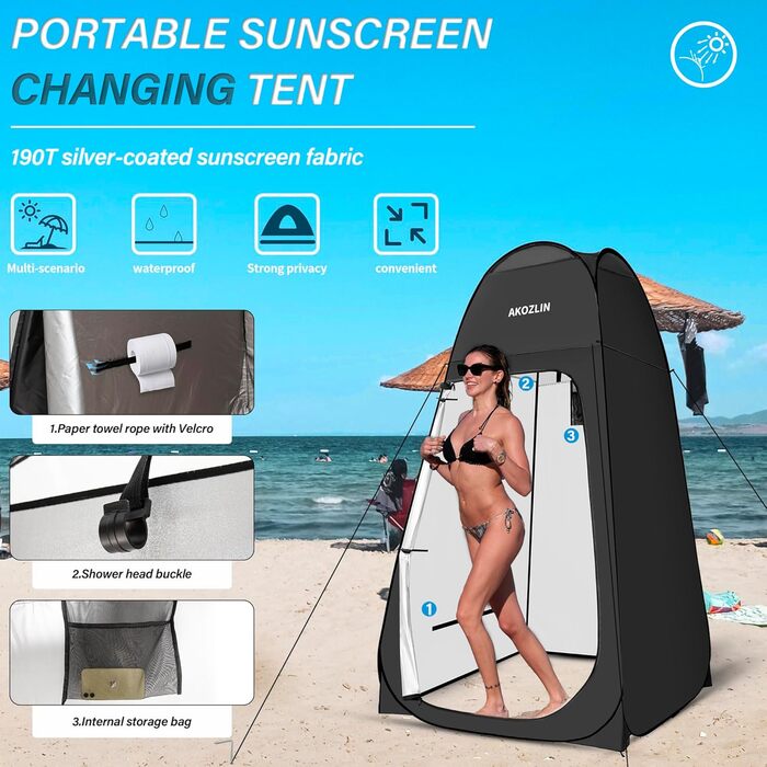 Намет для душу Pop Up, 190x120x120 см, для кемпінгу та відпочинку на природі, 1 особа, 3-секційний, чорний