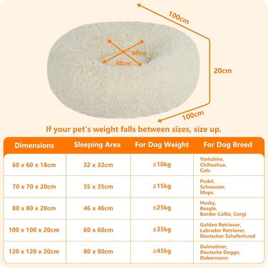 Ортопедичне ліжко для собак, круглий пуф-кіготник, софа для котів та собак, м'яке ліжко-кошик, можна прати, діаметр 100 см, бежеве (100 x 100 x 20 см)