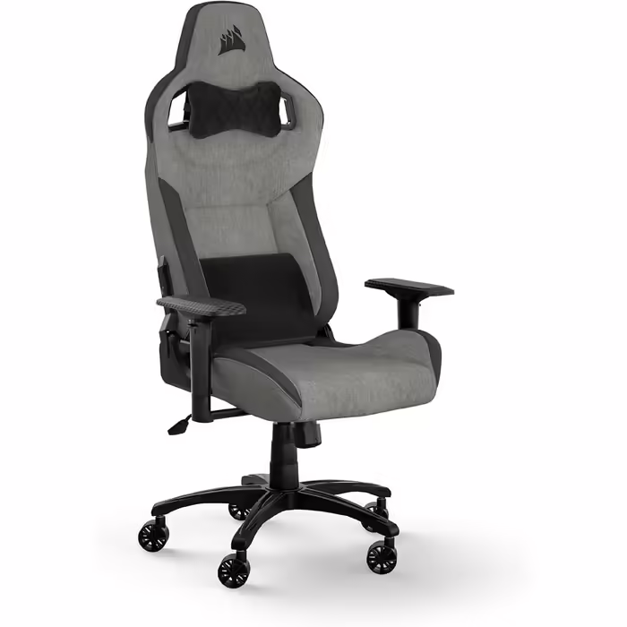 Ігрове крісло Corsair T3 RUSH Fabric 2023, автомобільний стиль, тканинне покриття, подушка для шиї, ортопедична підтримка попереку, сіре та антрацитове