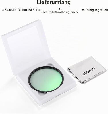 Дифузійний фільтр NEEWER 67mm Black Diffusion (1/8) для ефекту туману, багатошарове нано-покриття, водовідштовхувальне та стійке до подряпин скло для відео, влогів та портретної фотографії