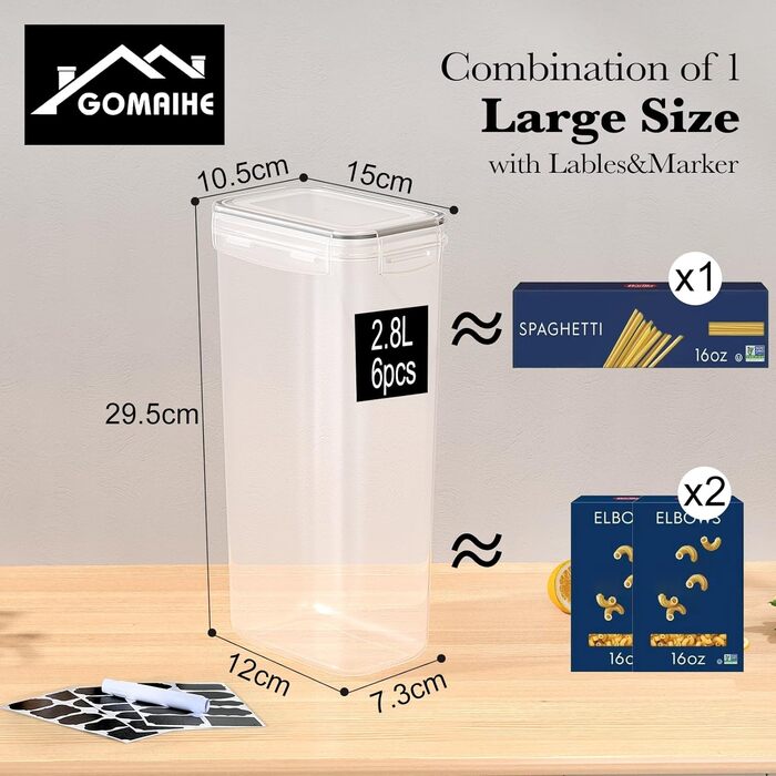 Контейнери для зберігання GoMaihe 12 шт. з кришкою: набір контейнерів для кухні, 800 мл з етикетками. Їдальні контейнери для крупи, цукру та спецій. Без BPA, придатні для миття в посудомийній машині. 0.8 л x 12 шт. (Чорний, 2.8 л x 6 шт.)