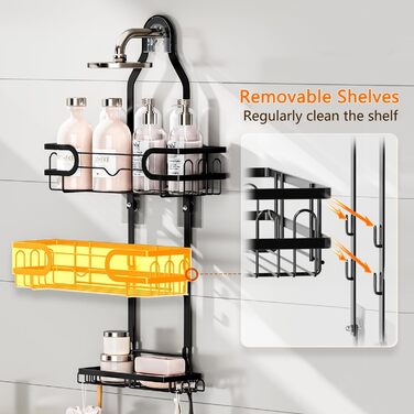 FOXWHALE Shower Shelf - Hanging Shower Rack with Razor Holder & Soap Holder and Multiple Hooks, Black, No Drilling Hanging Shower Basket for Bath Bombs, Towel, Bath Brush
