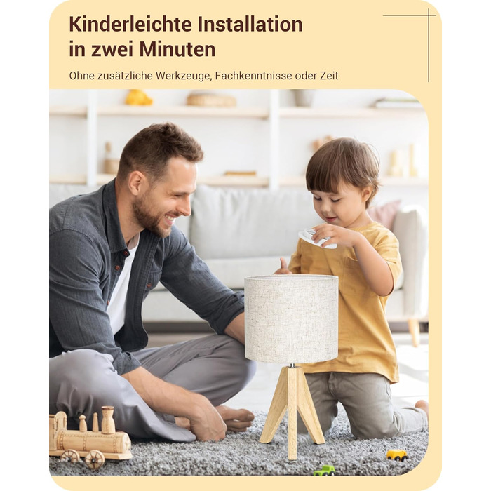 Настільна лампа EDISHINE, 2 шт. у наборі, дерев'яна, з абажуром кольору бежевого льону, цоколь E27, з лампочкою, вінтажний стиль, для спальні, вітальні, подарунок