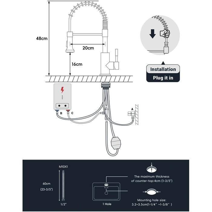 Змішувач для кухні APPASO 3-Wege, чорний, з нержавіючої сталі, 360° обертання, для фільтрації води