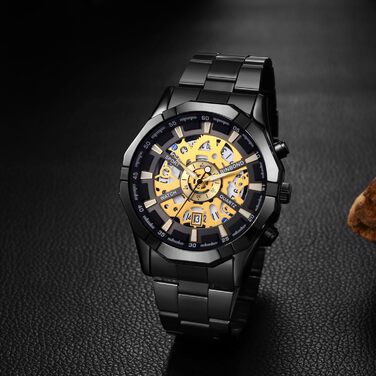 Чоловічий годинник з датою, світяться, 3ATM, водонепроникний, аналоговий кварц, з календарем, тахіметром, з нержавіючої сталі, чорний/золотий