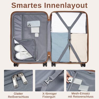 KONO Чемодан-валіза на коліщатках середнього розміру (66 см) з ABS+PC, з замком та подвійними колесами (Темно-зелений/Коричневий)