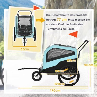 PawHut 2-в-1: Причіп для собак, велосипедний причіп для собак, візок для собак з відбивачами, до 30 кг, для великих собак, Оксфордська тканина, блакитний