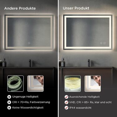 Дзеркало для ванної кімнати з підсвічуванням 50x70 см, сенсорне керування, протитуманне покриття, 3 кольори світла, регулювання яскравості, пам'ять налаштувань, матове, прямокутне