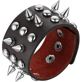 Чоловічий широкий браслет з натуральної шкіри JewelryWe Punk Rock: стильний аксесуар для байкерів та шанувальників панк-року. Регульований, чорний/коричневий, з заклепками та ланцюгом.