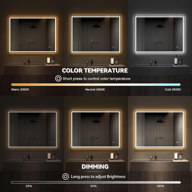 Дзеркало для ванної кімнати з LED-підсвічуванням Dripex, 50x70 см, сенсорне управління, протитуманне покриття, Bluetooth, розетка, 3 кольори світла