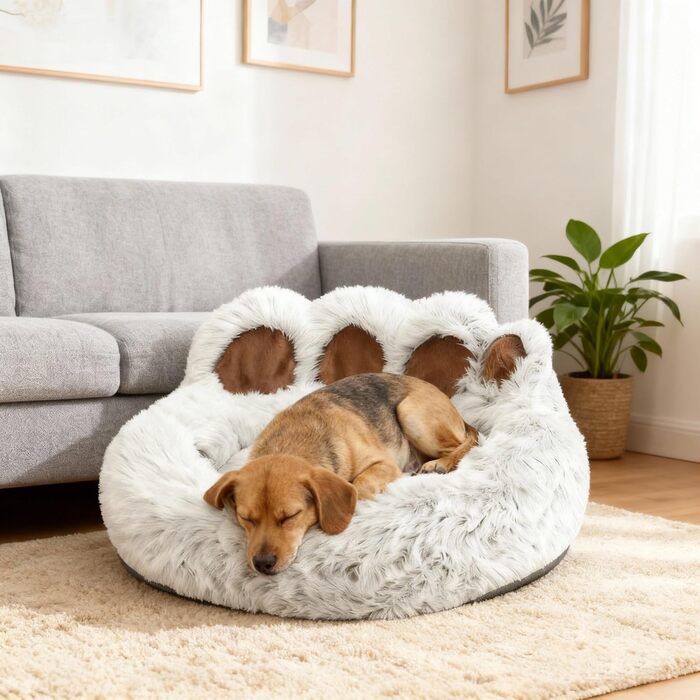 М'яке ліжко для собак та котів у вигляді лап ведмедя, 50 см. Легко миється, антиковзаюче, тепле місце для сну для маленьких та середніх собак/кішок/кроликів. Колір: сірий кавовий (діаметр 65 см, світло-сірий)