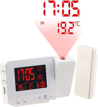 infactory Projection Clocks: Radio Weather Station with Projection Alarm, Outdoor Sensor, and USB, White (Radio Projection Clock, Clock with Projection, Outdoor Temperature Display)