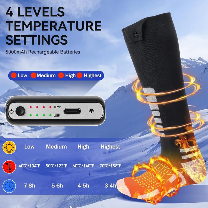 Гріючі шкарпетки для жінок та чоловіків Ninonly з 4 рівнями нагріву, акумулятор 5000mAh, для катання на лижах, піших прогулянок, кемпінгу та зимових активностей