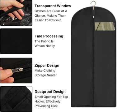 4 місткі мішки для одягу 60x120/100 см, чорні мішки для одягу, захисні чохли для костюмів, курток, вечірніх суконь з блискавкою, мішки для одягу 120 см для костюмів, курток, вечірніх суконь