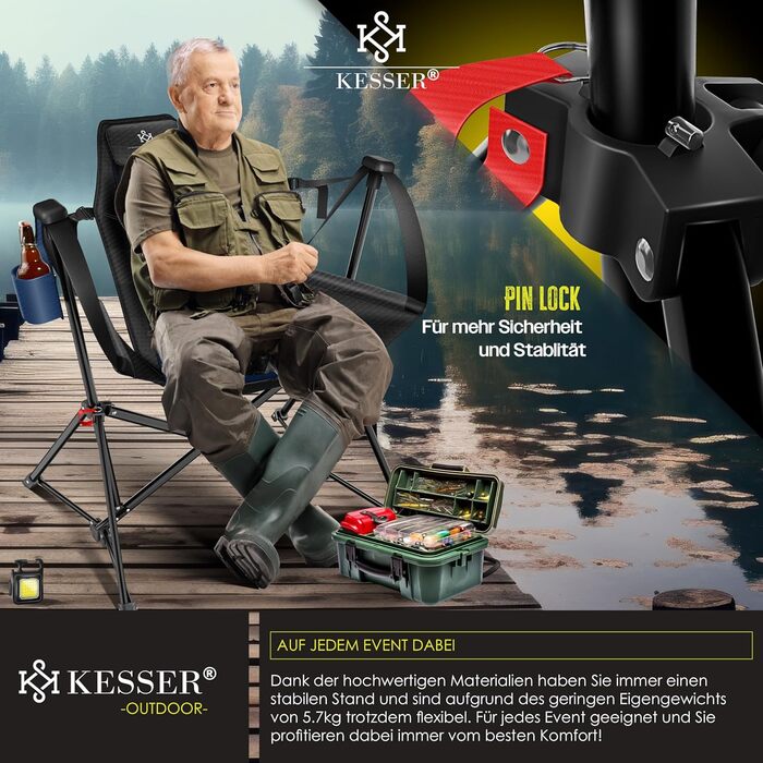 Крісло-гойдалка KESSER® для кемпінгу, риболовлі та пляжу, 160 кг, з підсвіткою та тримачем для напоїв, сіре (темно-синій/чорний)