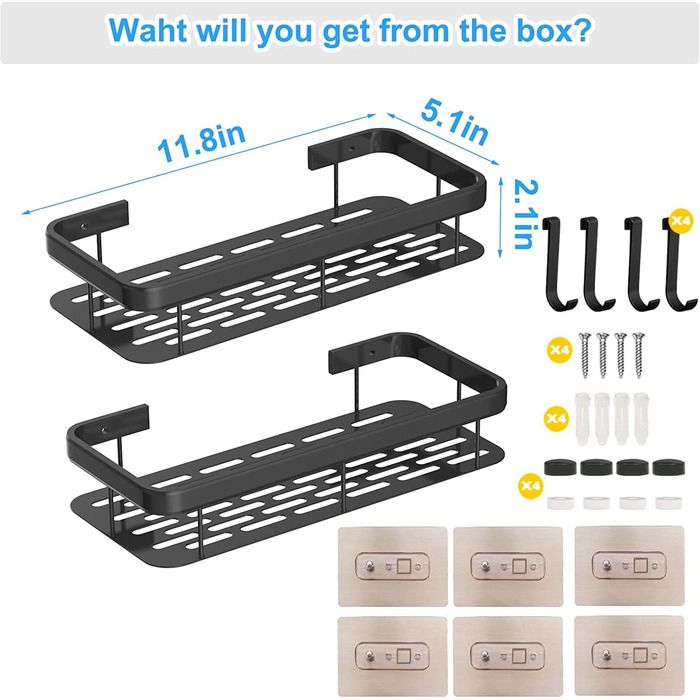 Полка для душу без свердління, 2 шт. Алюмінієва полиця для душу, нержавіюча сталь, кошик для душу з 6 клейкими поверхнями та 4 гачками, чорний колір. Підходить для ванної кімнати, кухні.