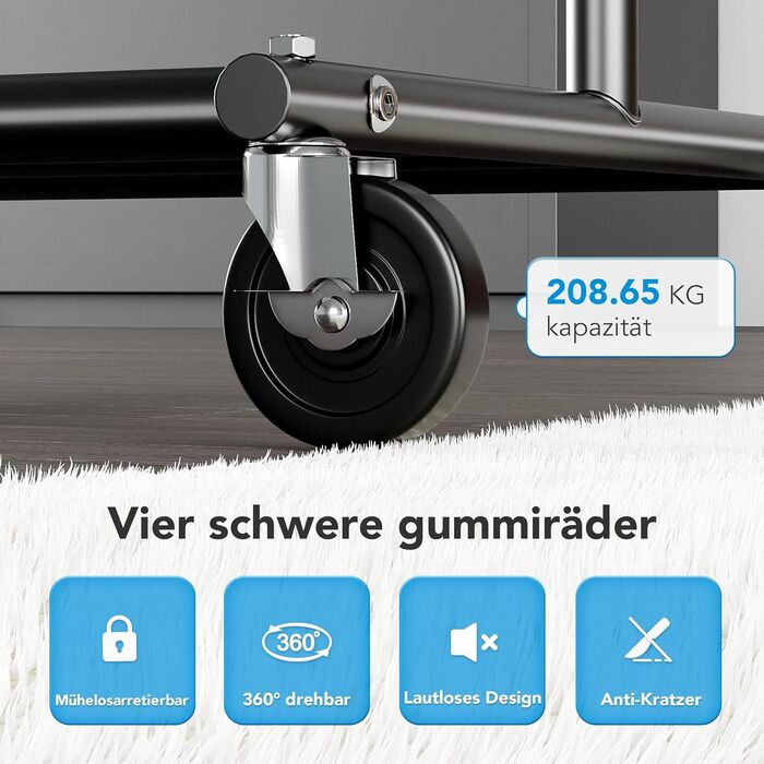 HOKEEPER Heavy-Duty Clothes Rack with Wheels, Up to 150 kg Load Capacity, Durable Clothes Rod with Shelves for Hanging, for Bedroom, Office, Business, Chrome Steel, Black