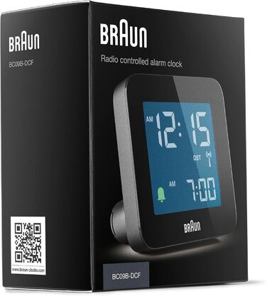 Braun Digital Radio Alarm Clock Central European Time (CET) with Snooze Function, Negative LC Display, Quick Set Function, Crescendo Alarm in Black, Model BC09B-DCF.