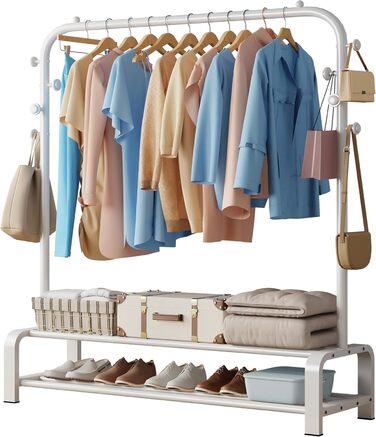 Clothes Rack, Coat Rack Stable Clothes Rod with 6 Hooks and 2 Shoe Shelf Storage Shelf, Bedroom Clothes Rack Freestanding Clothes Rail, (White)