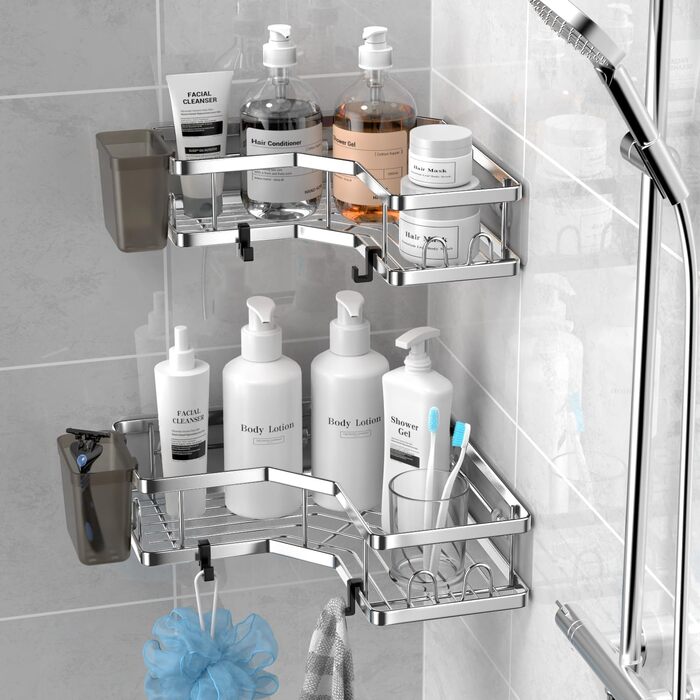 FINIBO Shower Shelf No Drilling, 2 Pack Self-Adhesive Corner Shelf Bathroom Organizer, Shower Shelf Stainless Steel with 4 Hooks and 2 Toothpaste Holders, Black Shower Shelf Shower Basket for Bathroom Kitchen