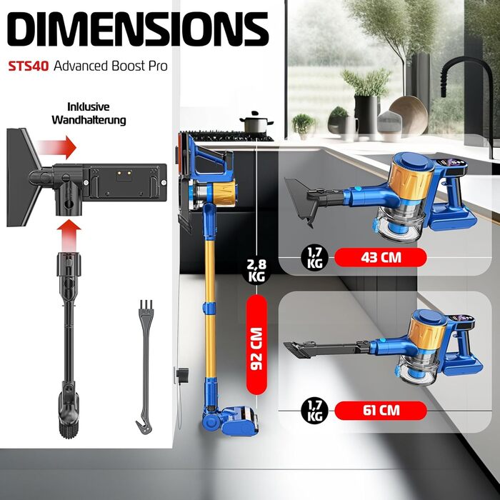 Бездротовий акумуляторний пилосос KESSER® з LED-дисплеєм, до 60 хв роботи, тихий, без мішка, з антинамотувальною насадкою, HEPA-фільтр, аромадиск (Синій/Золотий)