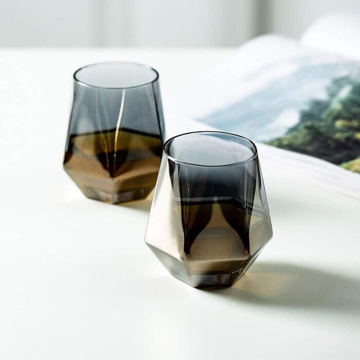 Diamond Whisky Glasses 4-Piece Set, Tilted Scotch Glasses, 300 Ml, Modern Look for Men, Women, Dad, Husband, Friends, Glassware for Bourbon/Rum/Bar Tumbler, Smoke Grey 4