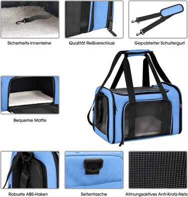 Транспортна сумка для кота та собаки, складана переноска для домашніх тварин середнього розміру (51 x 33 x 33 см, блакитна)