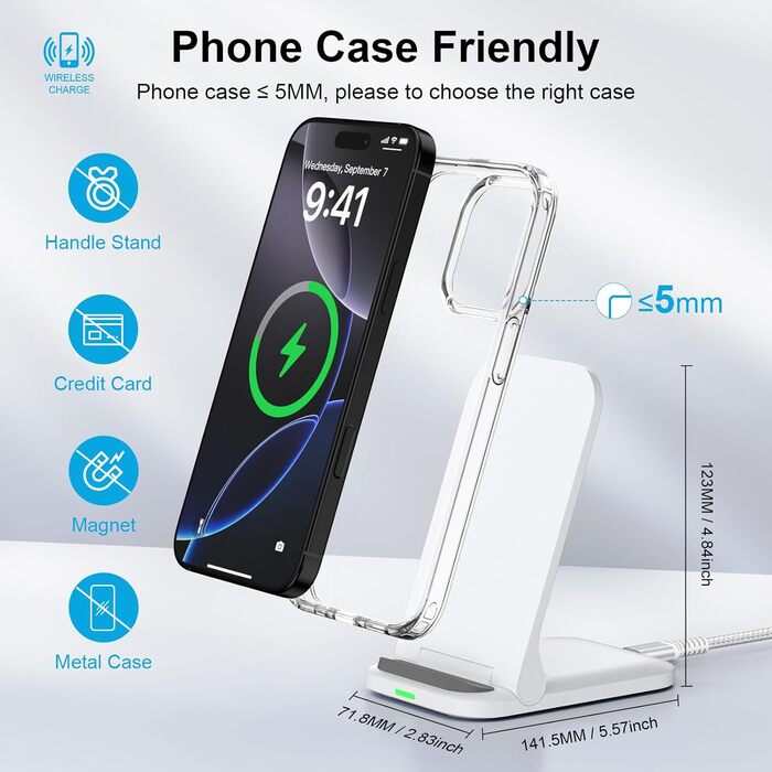 Бездротова зарядка 15W Stand для Samsung Galaxy S25 Ultra, S24 FE, S23, S22, S21, S20, Z Flip6, Google Pixel 9 Pro, 8, 7, 6, iPhone 16, 15, 14 - швидка складна зарядка (білий)