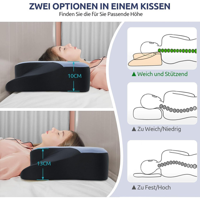 Подушка для шиї DONAMA, подушка для сну з піною з пам'яті, для тих, хто спить на боці, спині та животі, блакитний+чорний, 66×37×13 см