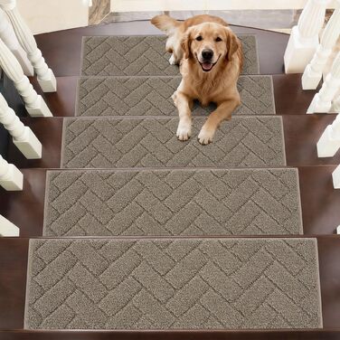 Килимки на сходи BEQHAUSE, 15 шт., бежеві, 22x70 см, антиковзкі, для дітей та домашніх тварин, машинне прання, TPE-основа, для дерев'яних сходів