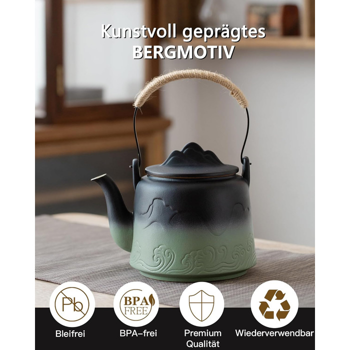 ZENS Design Japanese Teapot, 1000ml Gradient Embossed Japanese Teapot Ceramic with Built-in Strainer and Hemp Rope Handle for Loose Tea Steeper, Gift for Tea Lovers, Black & Bean Green