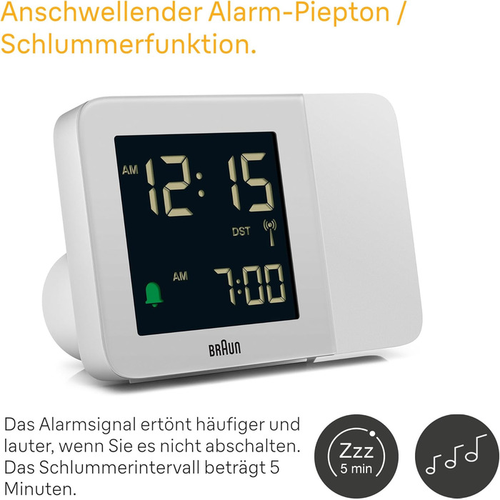 Braun Digital Radio Projection Clock for Central European Time Zone (DCF) with Negative LCD Display, Quick Set and White Alarm Beep, BC15W-DCF.
